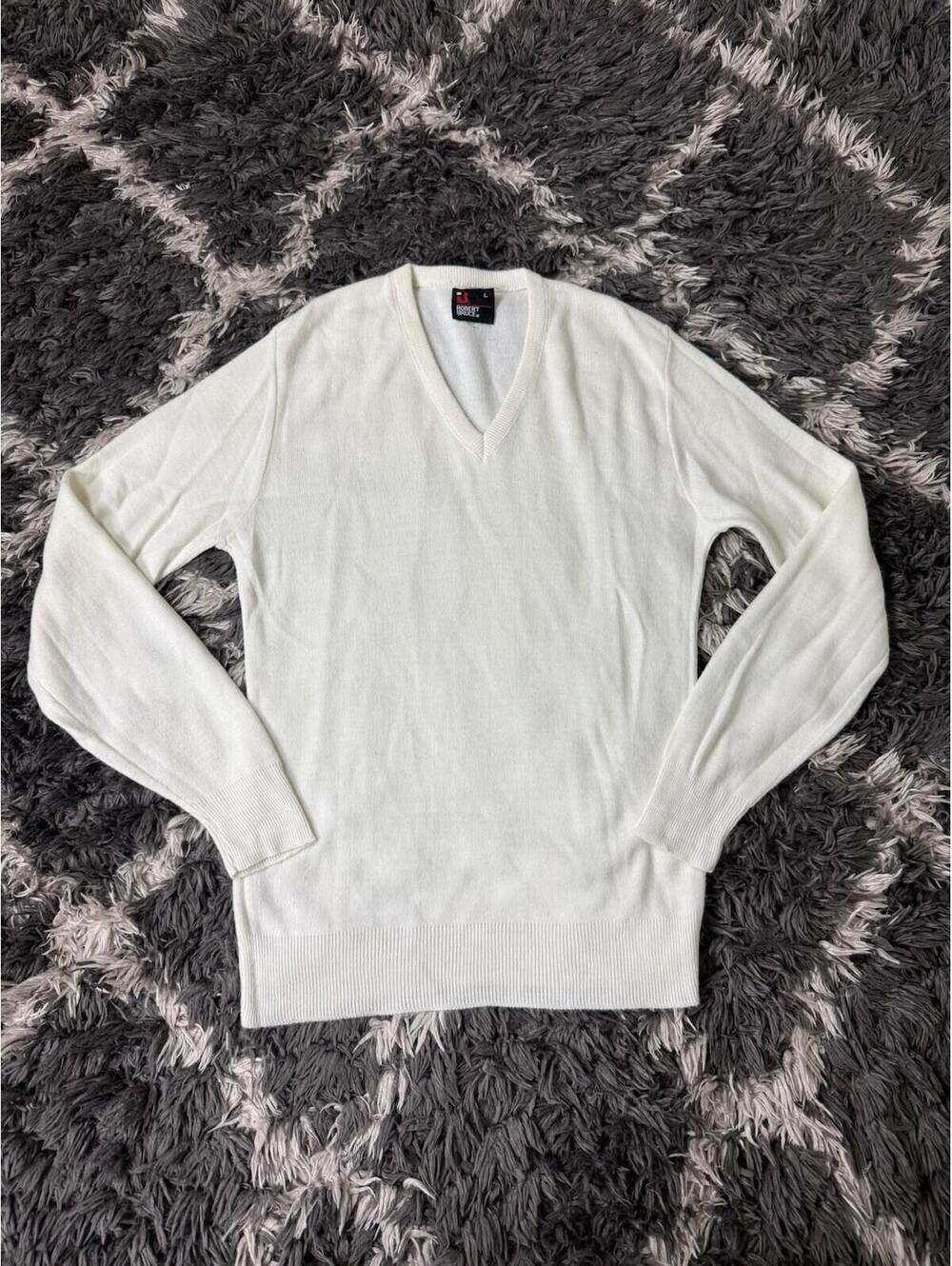 VTG Robert Bruce V Neck Sweater Mens Large White Knit Pullover Preppy Golf 70s